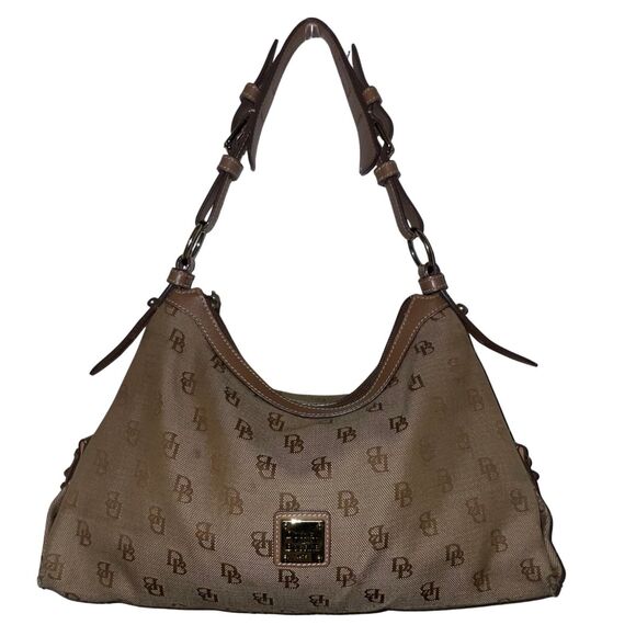 Dooney & Bourke Signature East/West Shoulder Bag in Brown Canvas w Leather Trim - Picture 1 of 12